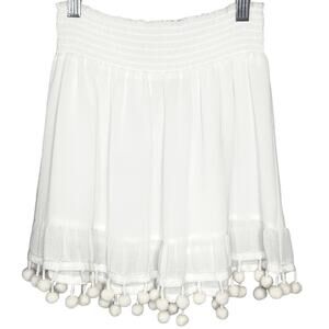 Ramy Brook Stevie Smocked Mini Skirt Pom Pull On Summer Skirt White XS NWOT